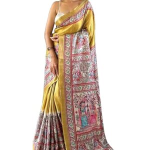 Panzora Women's Tussar Silk Madhubani Printed Saree With Unstitched Blouse Piece