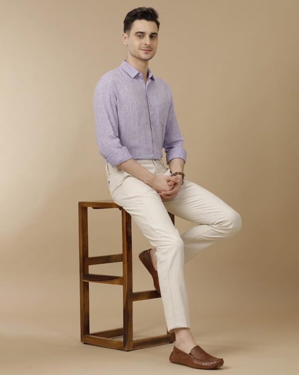 Linen Club Men's Pure Linen Purple Solid Contemporary Fit Full Sleeve Casual Shirt - Image 3