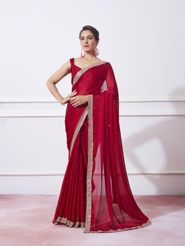 ORHANS Women's Satin Chiffon All Over Fix Diamond With Lace Work Saree With Matching Unstitched Blouse Piece - Image 3