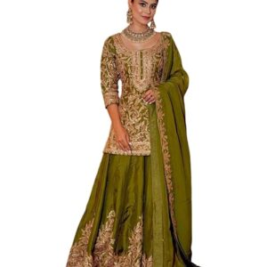 Women's Fancy Heavy Chinnon Silk with Heavy Embroidery Work with Fancy Borders Less Work Sleeve with Fancy Kurta Set with Dupatta for Wedding