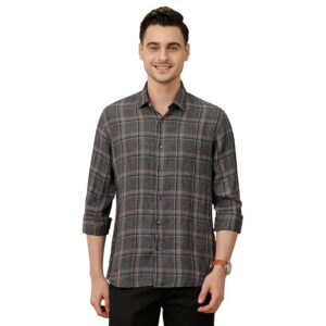 Linen Club Men's Pure Linen Grey Checked Contemporary Fit Full Sleeve Casual Shirt