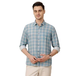 Linen Club Men's Linen Rich Blue Checked Contemporary Fit Full Sleeve Casual Shirt