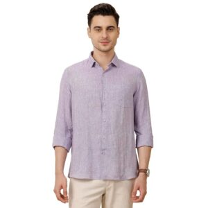 Linen Club Men's Pure Linen Purple Solid Contemporary Fit Full Sleeve Casual Shirt