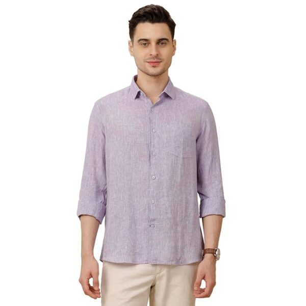 Linen Club Men's Pure Linen Purple Solid Contemporary Fit Full Sleeve Casual Shirt