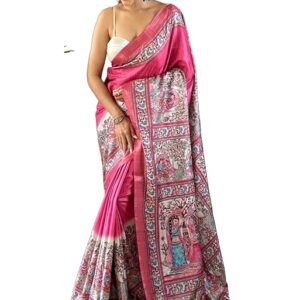Panzora Women's Tussar Silk Madhubani Printed Saree With Unstitched Blouse Piece