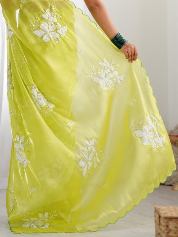 AKHILAM Women's Shimmer Organza Sequence Embroidery Saree With Unstitched Blouse Piece - Image 6
