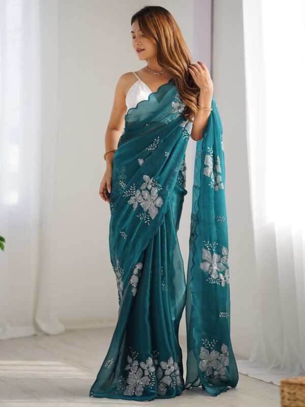 AKHILAM Women's Shimmer Organza Sequence Embroidery Saree With Unstitched Blouse Piece - Image 3
