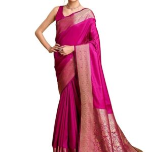 AMIRAT Women's Banarasi silk plain saree With Golden Zari Woven Border With Blouse Piece