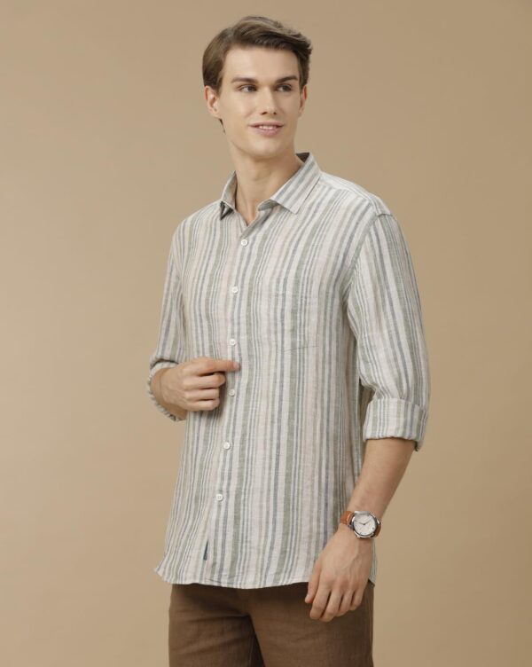 Linen Club Men's Pure Linen Off White Striped Contemporary Fit Full Sleeve Casual Shirt - Image 5