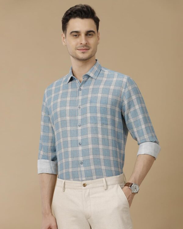 Linen Club Men's Linen Rich Blue Checked Contemporary Fit Full Sleeve Casual Shirt - Image 2
