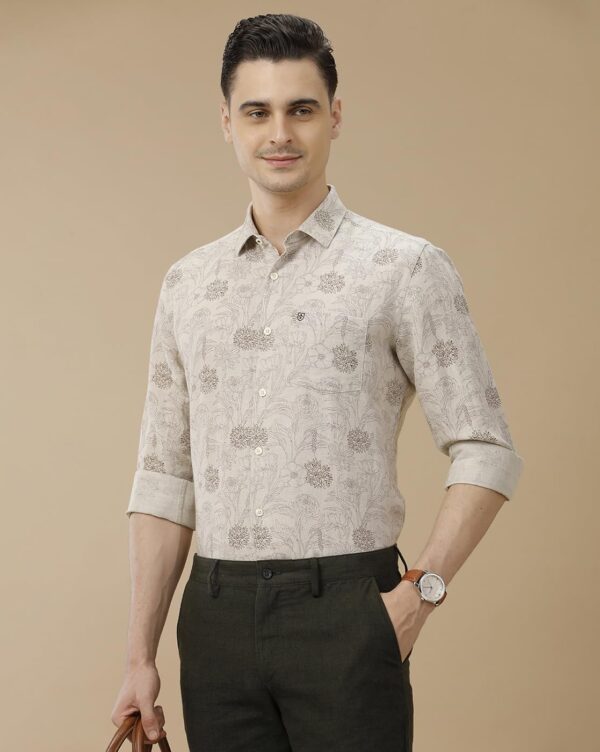 Linen Club Men's Linen Rich Brown Printed Contemporary Fit Full Sleeve Casual Shirt - Image 2