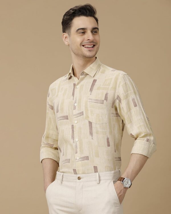 Linen Club Men's Pure Linen Beige Printed Contemporary Fit Full Sleeve Casual Shirt - Image 2