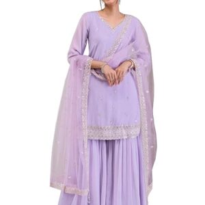 TRENDMALLS Women's Georgette Embroidery Kurta Sharara Set with Dupatta