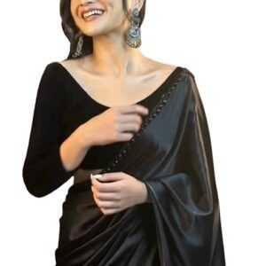 SHOPAZ Women's Ready to Wear Black Satin Silk 1 Minute Pre Pleated Heavy Saree with Hand Work Lace