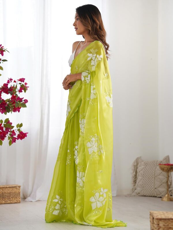 AKHILAM Women's Shimmer Organza Sequence Embroidery Saree With Unstitched Blouse Piece - Image 4