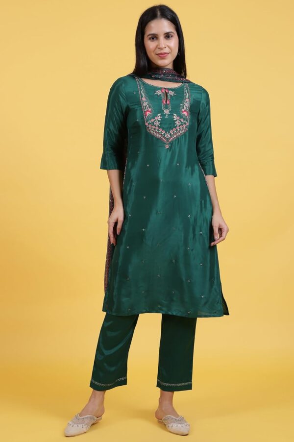 W for Woman Thread Embroidered Straight Kurta and Pants Set with Dupatta - Image 2
