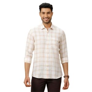Linen Club Men's Pure Linen Blue Checked Contemporary Fit Half Sleeve Casual Shirt