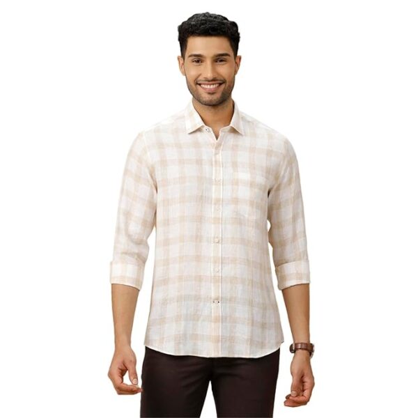 Linen Club Men's Pure Linen Blue Checked Contemporary Fit Half Sleeve Casual Shirt