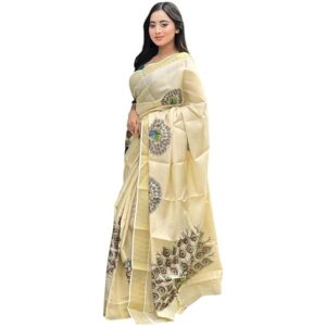 Womens Kerala kasavu Traditional Tissue Saree with Running Blouse Piece(Saree 5.5 meter, Blouse 0.8 meter) (grand big peacock)