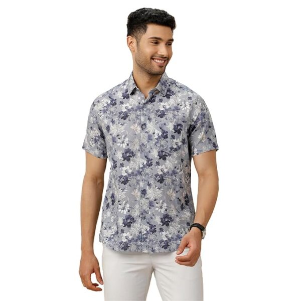 Linen Club Men's Pure Linen Blue Printed Contemporary Half Full Sleeve Casual Shirt