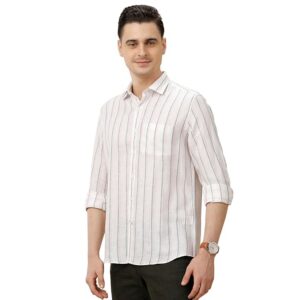 Linen Club Men's Pure Linen Pink Striped Contemporary Fit Full Sleeve Casual Shirt