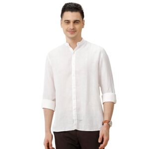 Linen Club Men's Pure Linen White Solid Contemporary Fit Full Sleeve Casual Shirt