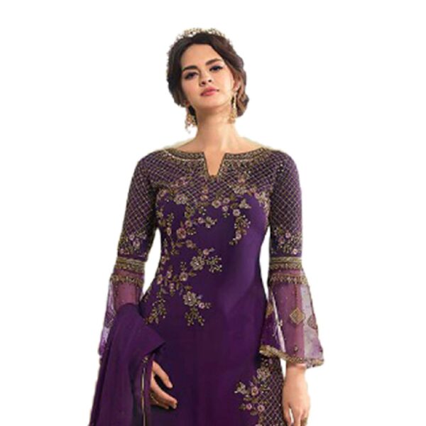 Miss Ethnik Women's Faux Georgette Semi Stitched Top With Unstitched Santoon Bottom and Net Dupatta Embroidered Straight Kurta Dress Material (Kurta Palazzo Set) - Image 3