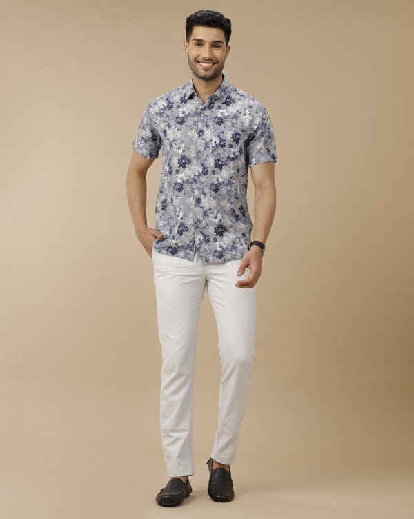 Linen Club Men's Pure Linen Blue Printed Contemporary Half Full Sleeve Casual Shirt - Image 3