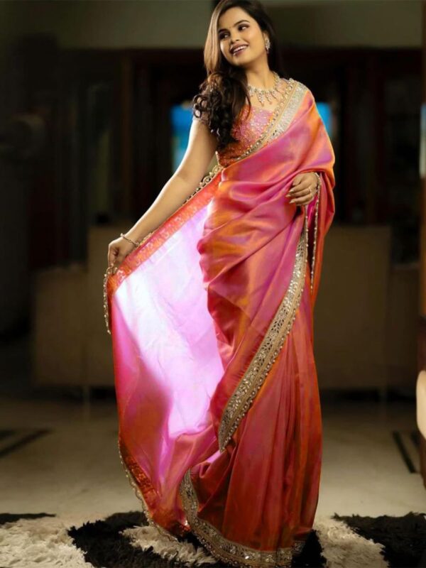 AKHILAM Women's Tissue Lace Work Saree with Unstitched Blouse Piece - Image 3