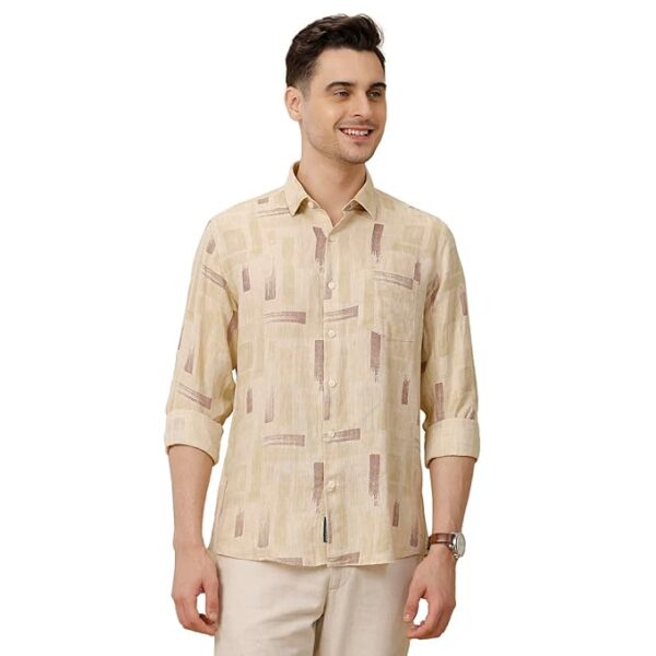Linen Club Men's Pure Linen Beige Printed Contemporary Fit Full Sleeve Casual Shirt
