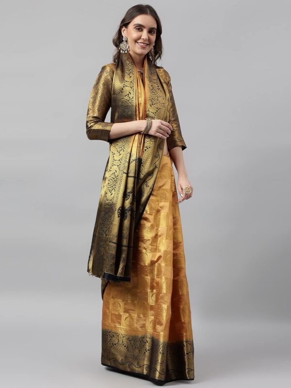 KAVINDI Women's Banarasi Silk With Jacquard Print Saree With Blouse - Image 3