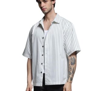 JACK & JONES Men's Spread Collar Vertical Striped Cotton Oversized Casual Shirt