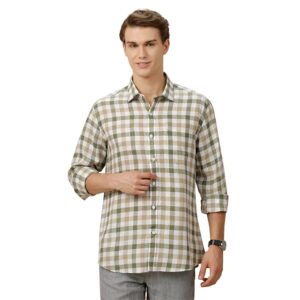Linen Club Men's Pure Linen Blue Checked Contemporary Fit Half Sleeve Casual Shirt