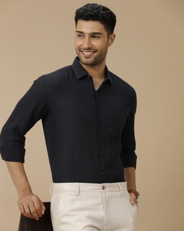 Linen Club Men's Pure Linen Black Solid Contemporary Fit Full Sleeve Casual Shirt - Image 2