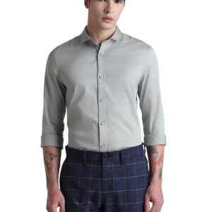 JACK & JONES Men's Cotton Slim Fit Solid Opaque Checked Spread-Collar Casual Shirt