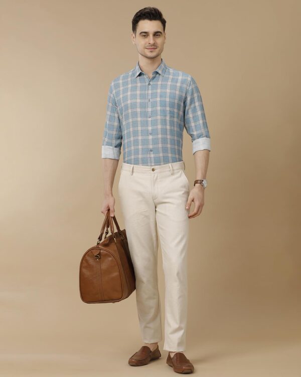 Linen Club Men's Linen Rich Blue Checked Contemporary Fit Full Sleeve Casual Shirt - Image 3
