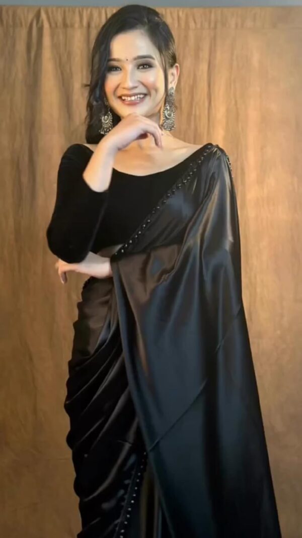 SHOPAZ Women's Ready to Wear Black Satin Silk 1 Minute Pre Pleated Heavy Saree with Hand Work Lace - Image 6