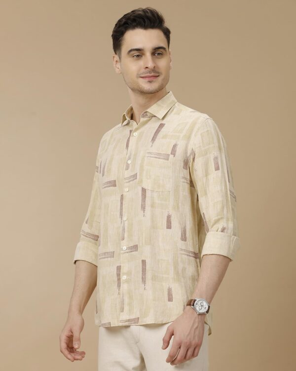 Linen Club Men's Pure Linen Beige Printed Contemporary Fit Full Sleeve Casual Shirt - Image 6