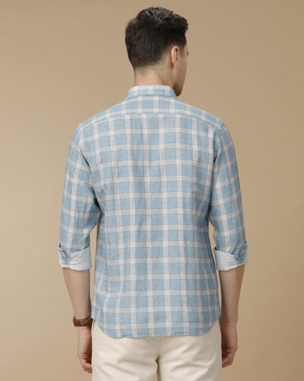 Linen Club Men's Linen Rich Blue Checked Contemporary Fit Full Sleeve Casual Shirt - Image 6