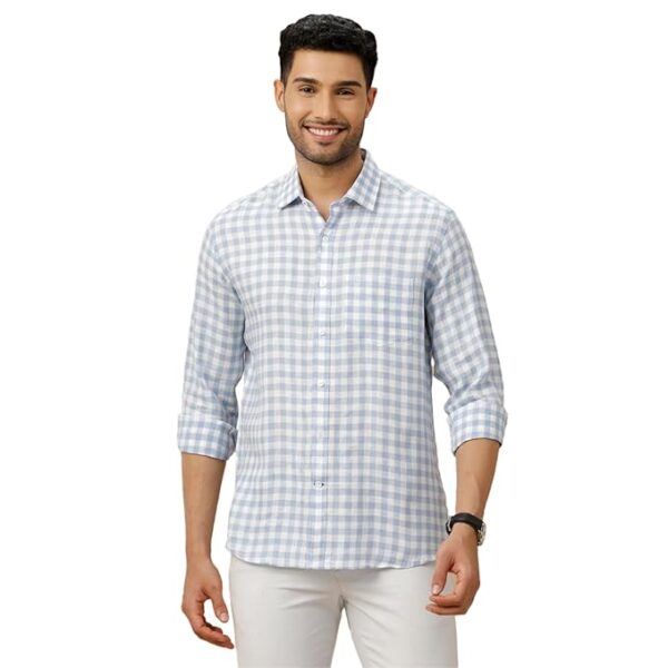 Linen Club Men's Pure Linen Blue Checked Contemporary Fit Half Sleeve Casual Shirt