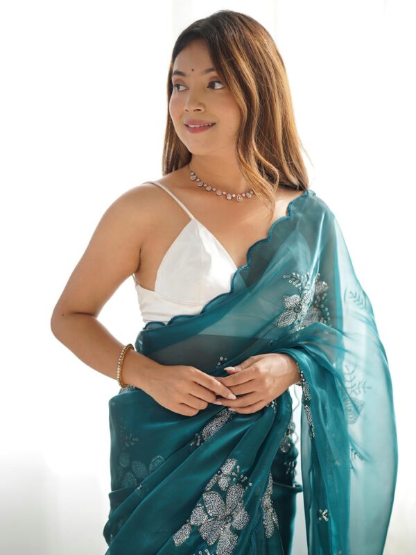 AKHILAM Women's Shimmer Organza Sequence Embroidery Saree With Unstitched Blouse Piece - Image 5
