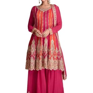 Miss Ethnik Women's Pink and Orange Color Traditional Chinon Embroidered Stitched Kurta Palazzo Set With Embroidered Dupatta (ME-1132-Pink)