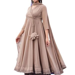 ESTELA Women Beige Solid Lace Work Anarkali Kurta Palazzo And Dupatta Set
