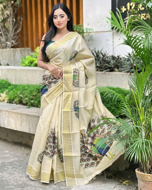 Womens Kerala kasavu Traditional Tissue Saree with Running Blouse Piece(Saree 5.5 meter, Blouse 0.8 meter) (grand big peacock) - Image 2