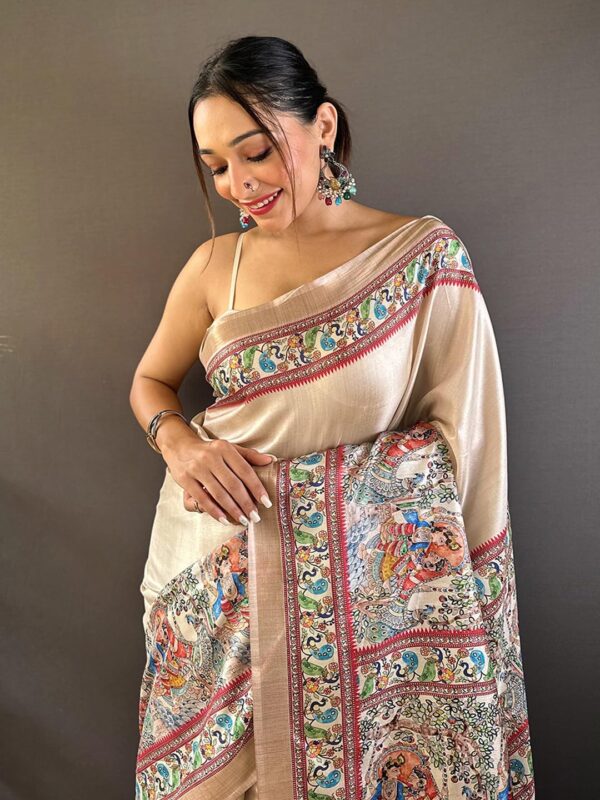 Panzora Women's Tussar Silk Madhubani Printed Saree With Unstitched Blouse Piece - Image 4