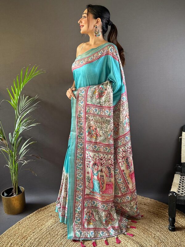Panzora Women's Tussar Silk Madhubani Printed Saree With Unstitched Blouse Piece - Image 3