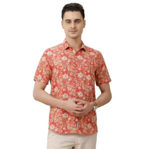Linen Club Men's Pure Linen Blue Printed Contemporary Half Full Sleeve Casual Shirt