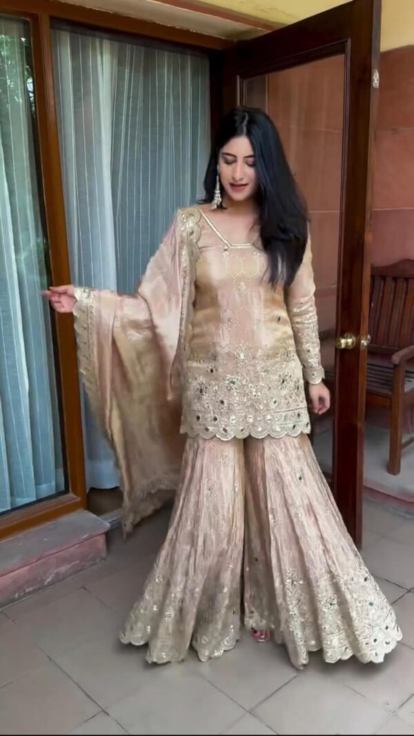 Firewave Women's CHINNON SILK Embroidered Square Neck Full Sleeve Fully Stitched Sharara Suit Set with Dupatta Ethnic Wear -CREAM-_BK-13 - Image 4