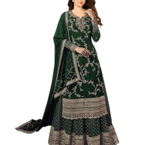 Miss Ethnik Women's Faux Georgette Semi-Stitched Top With Stitched Bottom and Dupatta Embroidered Straight Kurta Dress Material (Kurta Palazzo Set)