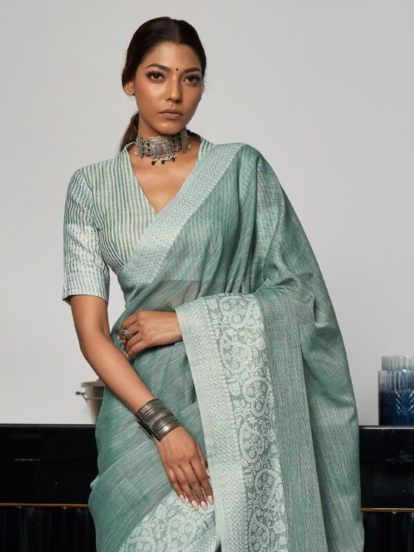 Astita Elegant Linen Cotton Saree with Woven Thread Border & Pallu | Soft Traditional Look for Festive Gifting & Everyday Elegance – With Unstitched Blouse Piece - Image 3